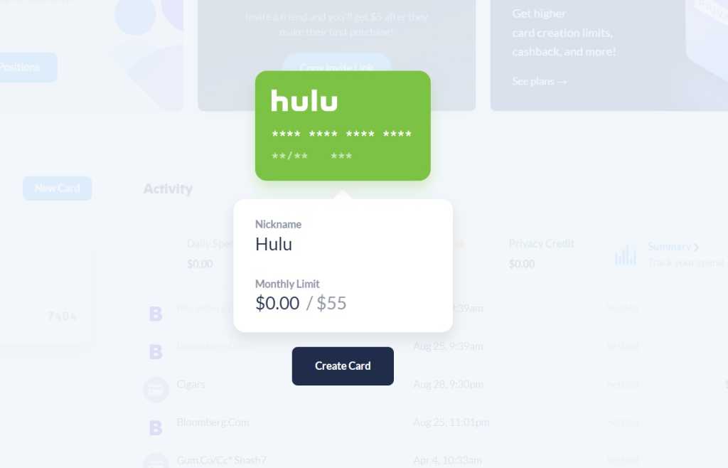 Privacy.com virtual card for Hulu + Live TV with $55 monthly spending limit