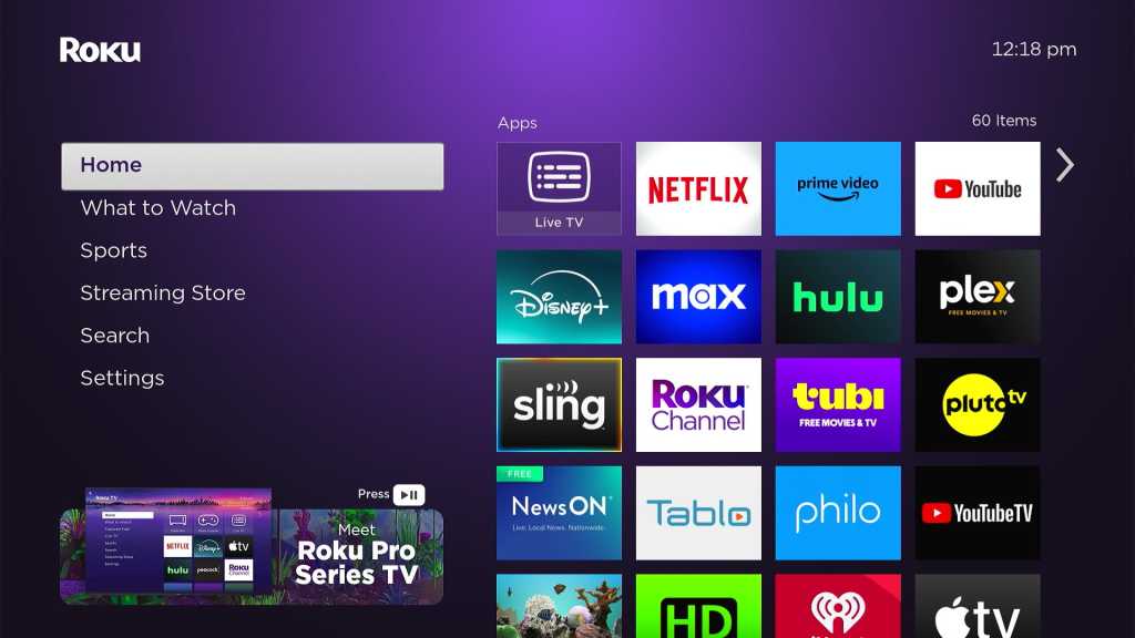 Roku home screen in 2024, with removed sidebar items and an expanded app grid